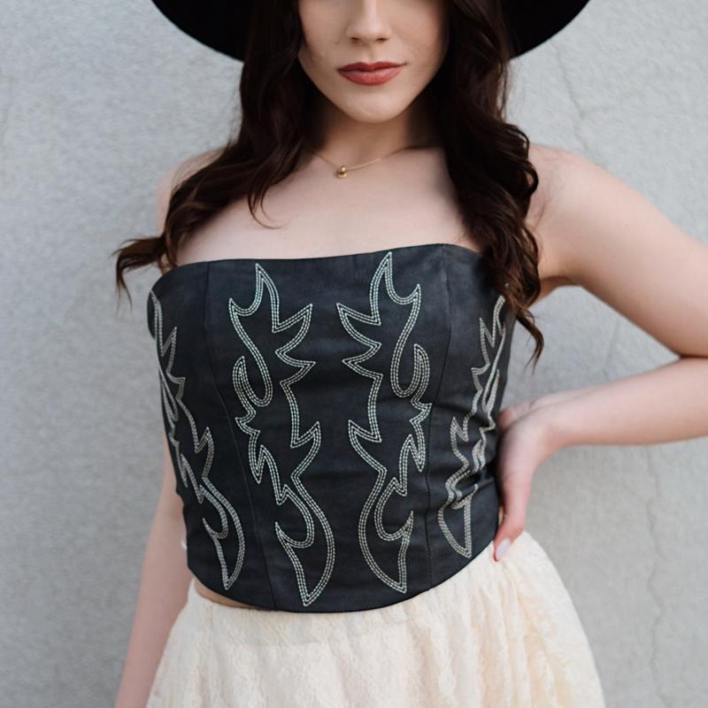 Chic Vegan Leather Embroidered Western Corset Top for a Stylish Look